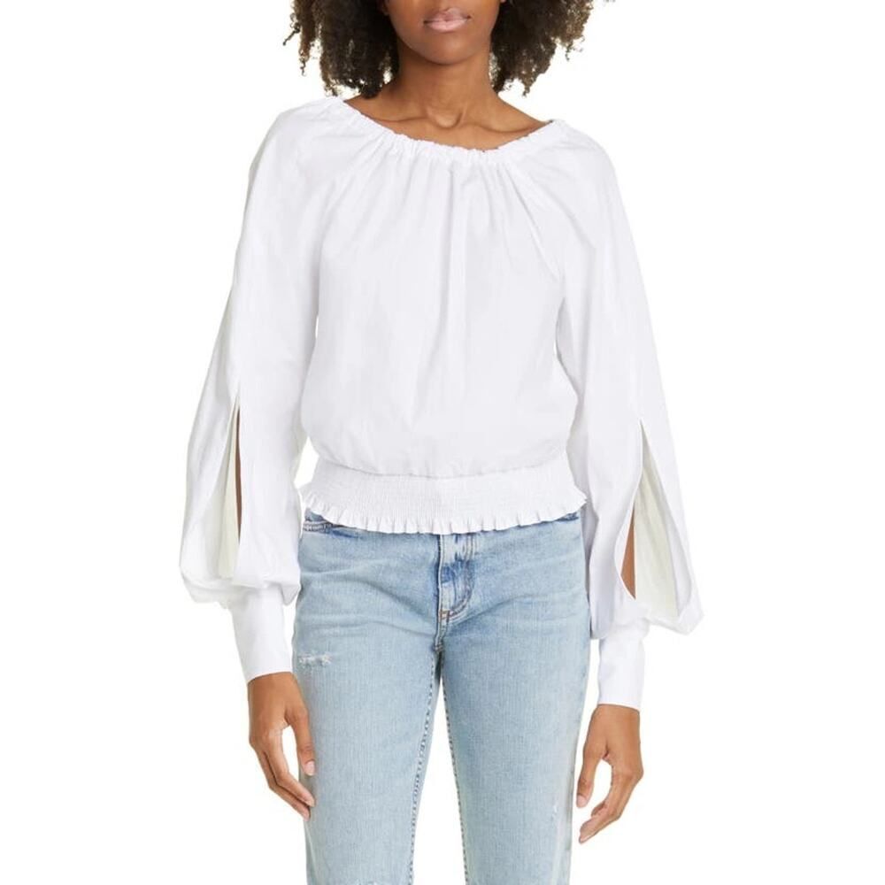 Ramy Brook Liv Top Women's Medium White Slit Bishop Sleeve Elastic Waist NWOT